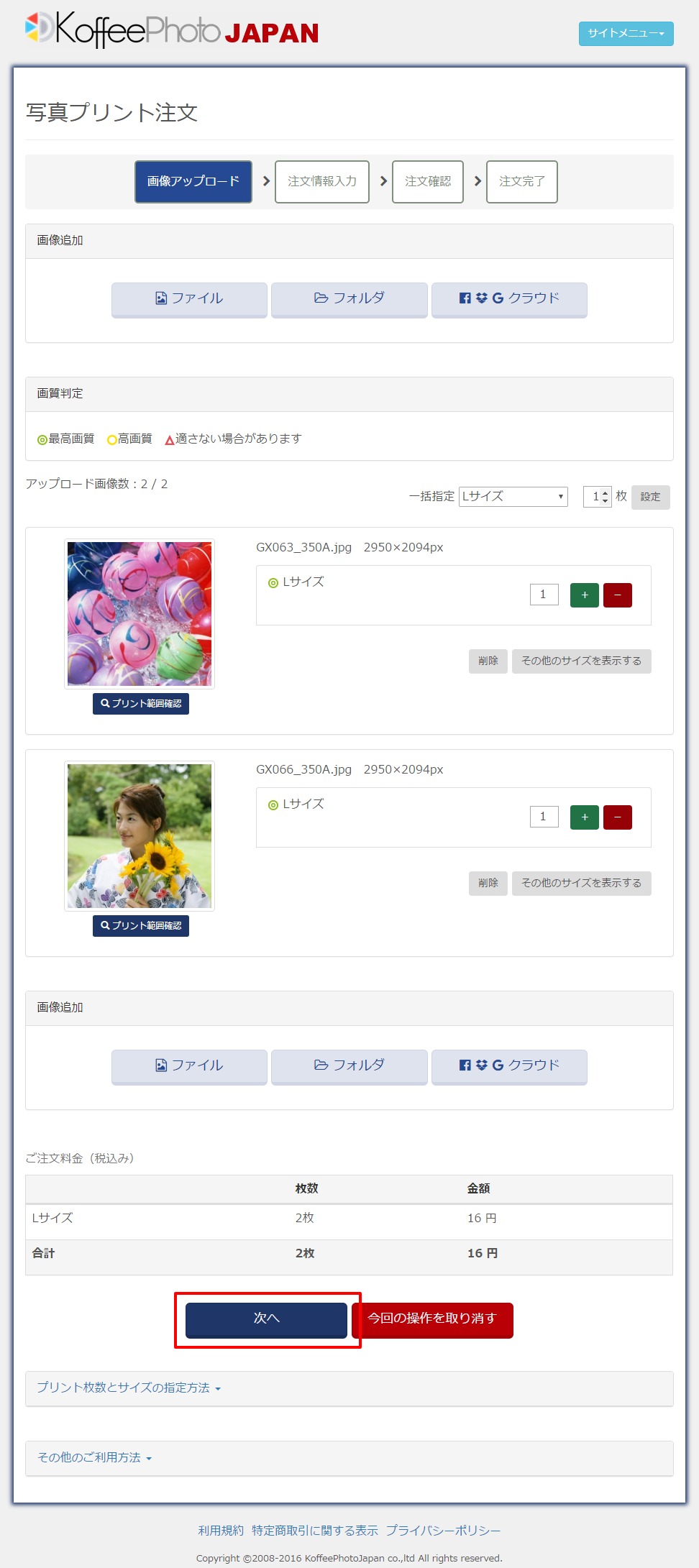 サイズ、枚数選択